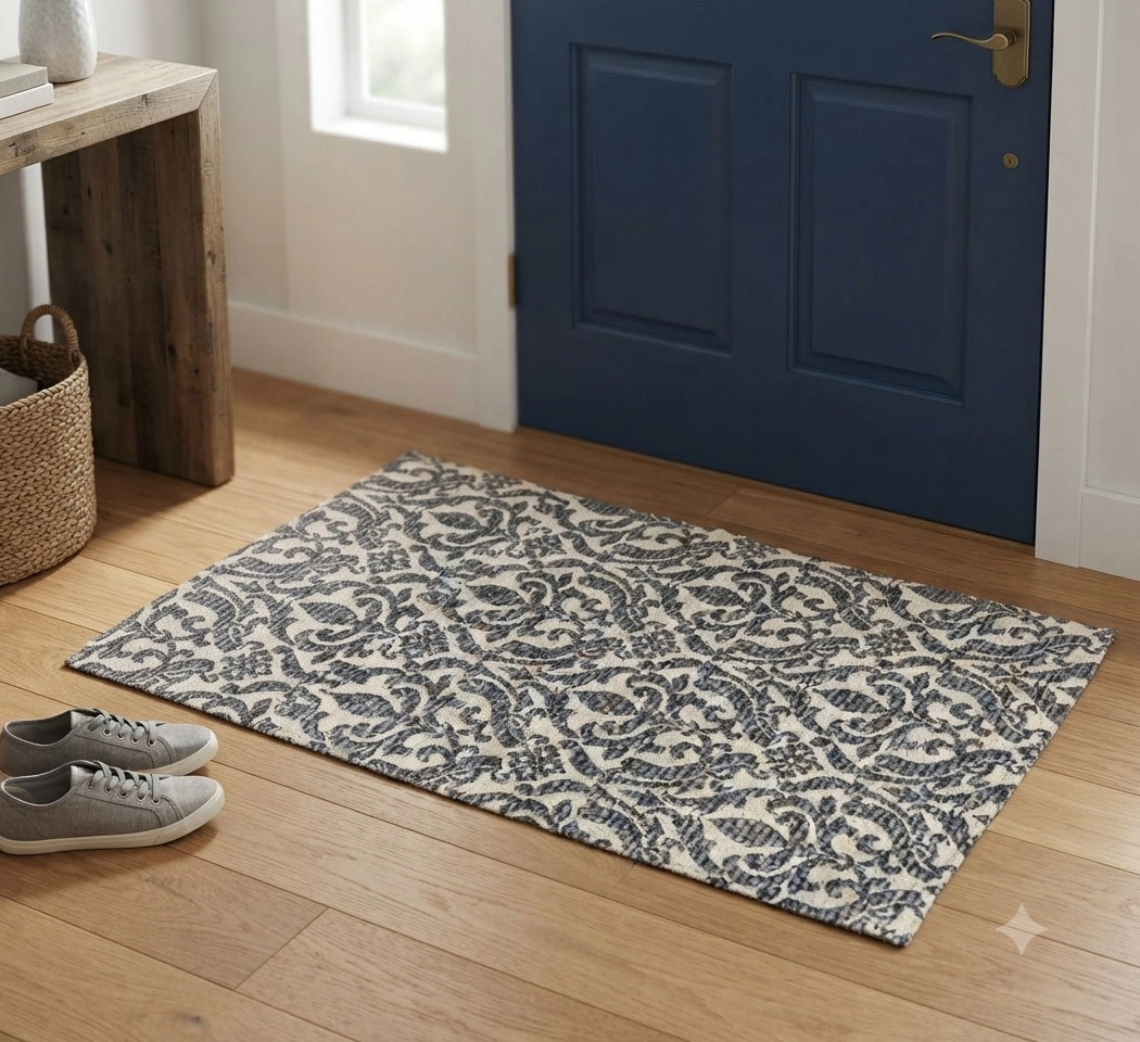 Cotton Polyester Floral Printed Rug 20x32 Inches – Beige & Grey